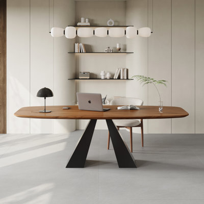 86.6" Modern Large Writing Desk, Brown Solid Wood Top, Sturdy Carbon Steel Base Home Office Desk