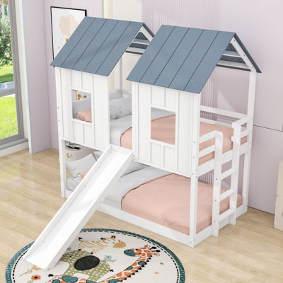 Twin Over Twin House-Themed Bunk Bed With Slide And Ladder