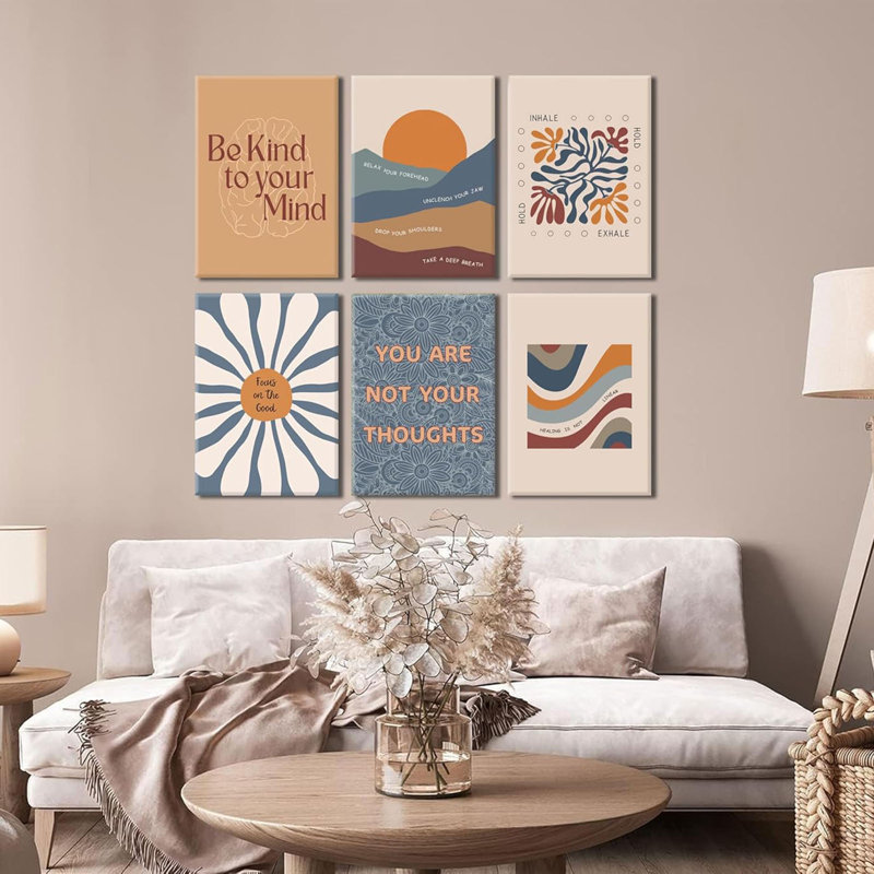 6Pcs Mental Health Wall Art Motivational Psychology Canvas Painting Therapy Office Pictures Wall Decor Boho Style Inspirational Positive Quotes Posters Prints For Home Counseling Office Framed