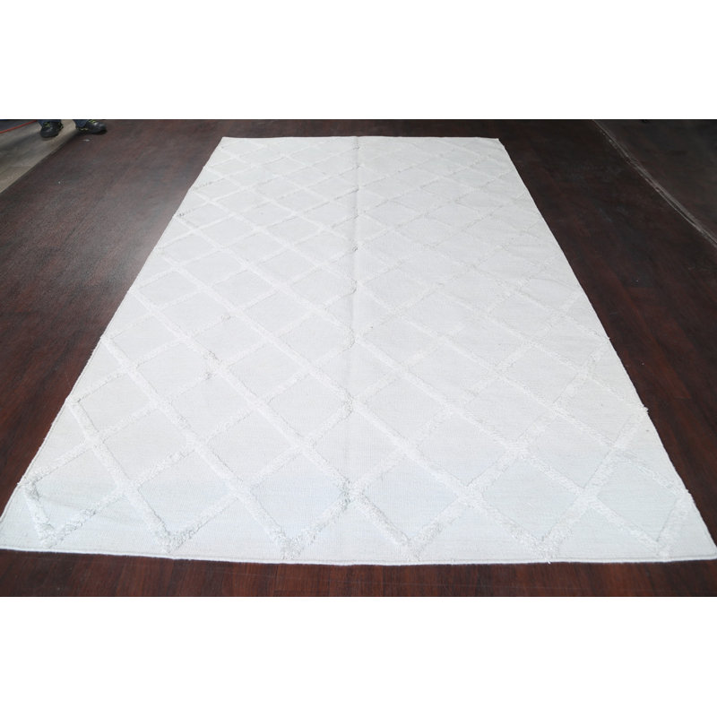 Tapis gris clair à motif géométrique fait à la main Kilim