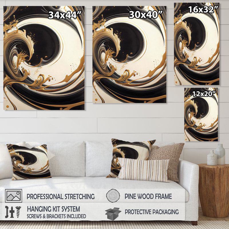 «Black and Gold Swirl V» - Art mural moderne sur toile, H 32 po x l 16 po x P 1 po, Toile tendue