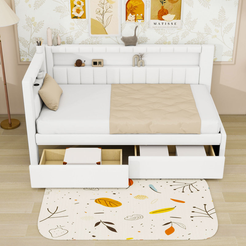 Twin Size Upholstered Daybed with USB Ports and LED Lighting, White