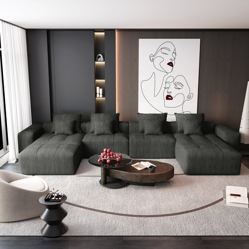 Oversized Modular Sectional Sofa,Sparkling Chenille Fabric Soft Cushion Sofa, Black Chenille