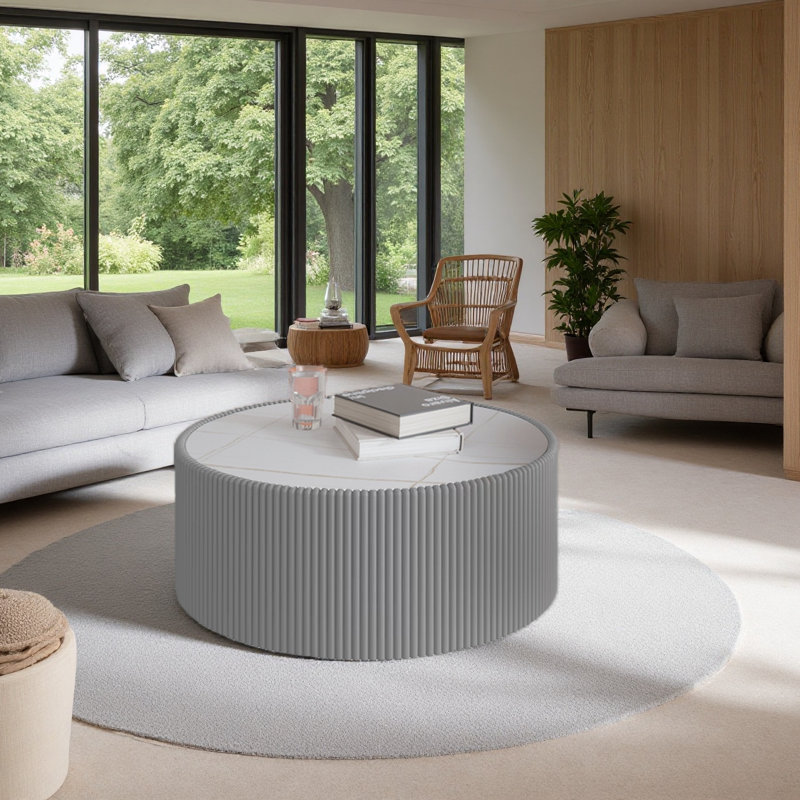 Table basse moderne en cuir fritté avec dessus en pierre, Blanc, Gris
