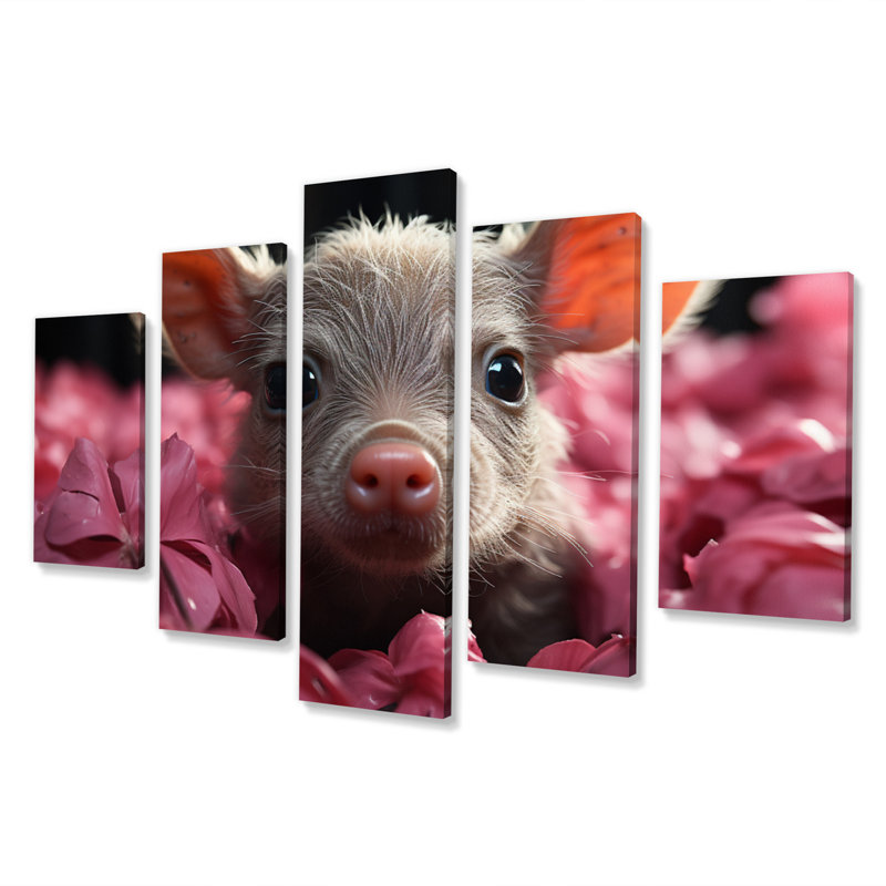 Cochon rose curieux I - animaux, art mural sur toile - 5 panneaux
