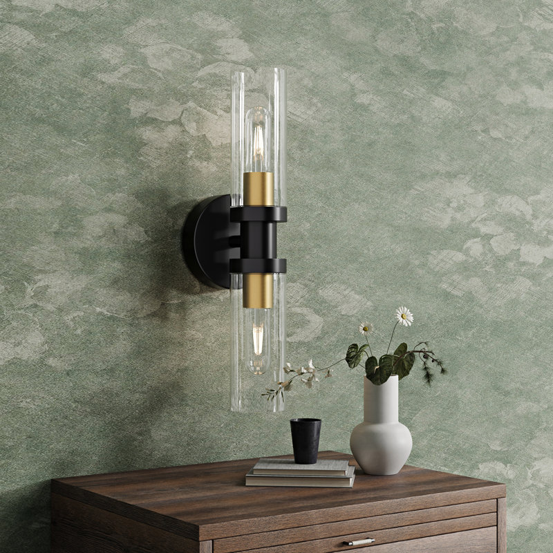 16.5" Rechargeable Dimmable Wall Sconce with Remote & Bulbs, Matte Black/Brushed Gold