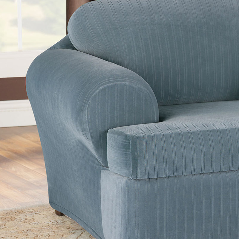 French Blue Stretch Pinstripe T-Cushion Chair Slipcover