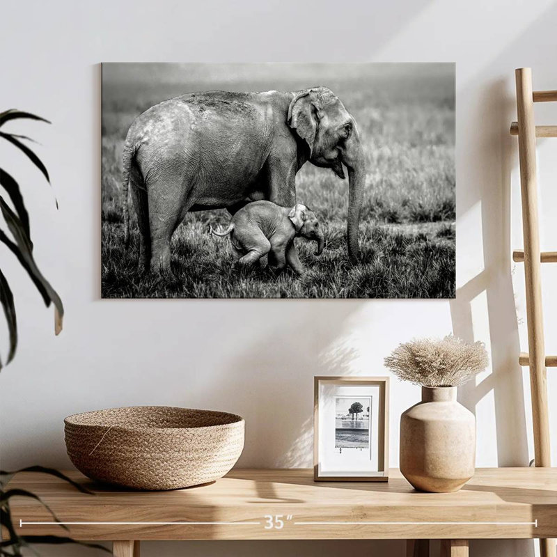 Éléphant et ses jeunes en Assam, H 16 po x l 24 po