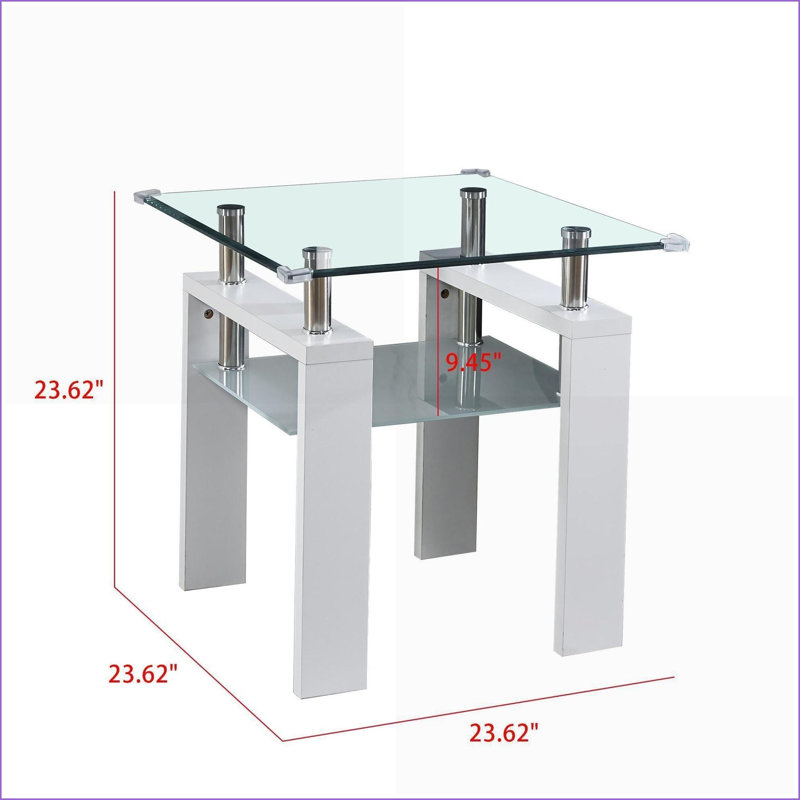 Table basse moderne en verre transparent avec pieds en métal, 24 x 24 x 24, tablette givrée pour un salon peu encombrant