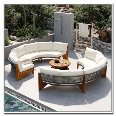 3-Piece Outdoor Semi-Circle Sofa Set with Acacia Wood Coffee Table