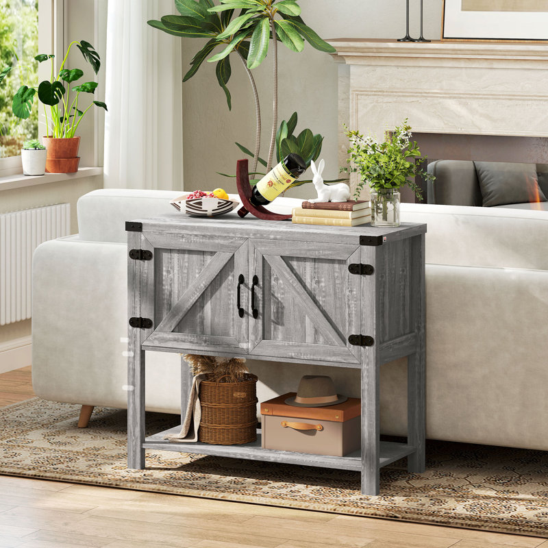 Farmhouse Double Door Coffee Bar Cabinet, Sideboard Buffet Cabinet, Kitchen Cabinet With Bottom Shelf For Entryway, Living Room
