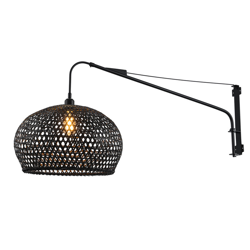 Cilo Plug-In Adjustable Swing Arm Wall Lamp In Matte Black Extendable Arm Rattan Shade