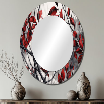 Red Grey Leaves On Tree VI - Large Oval Wall Mirror On Metal