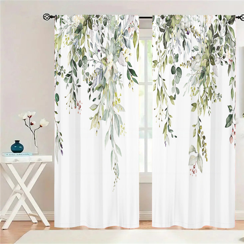 2Pcs Botanical Leaf Print Sheer Curtains Watercolor Green Eucalyptus Pattern Rod Pocket Light Filtering Semi Transparent White Drapes for Living Room Bedroom Kitchen Window Treatment Home Decor