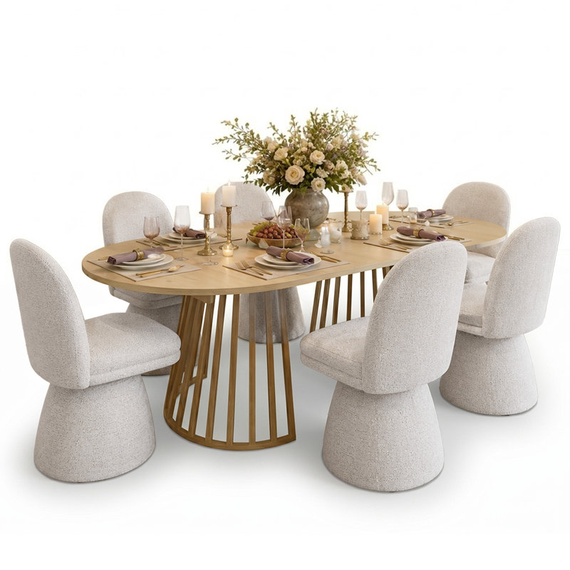 6 - Person Dining Table Sets With Extendabe Oval Table & 6 Upholstered Fabric Swivel Chairs