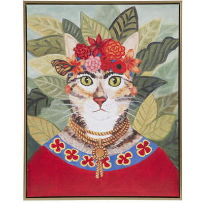 Bohemian Cat Wall Art With Forest Setting, 16.5"W X 20.5"H, Golden Frame, Colorful , Bedroom Dynamic In Decor, 16.5"X20.5",