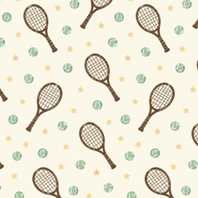 Papier peint adhésif à motif de raquette de tennis beige étoile bohème vintage vert brun chaud sport rétro Papier contact amovible et autocollant Décoration murale pour chambre, cuisine, placards 45 cm x 300 cm