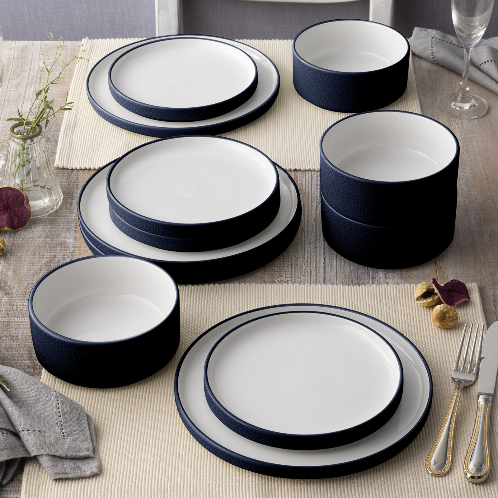Colortex Stone Porcelain Dinnerware Set - Service for 4, Navy