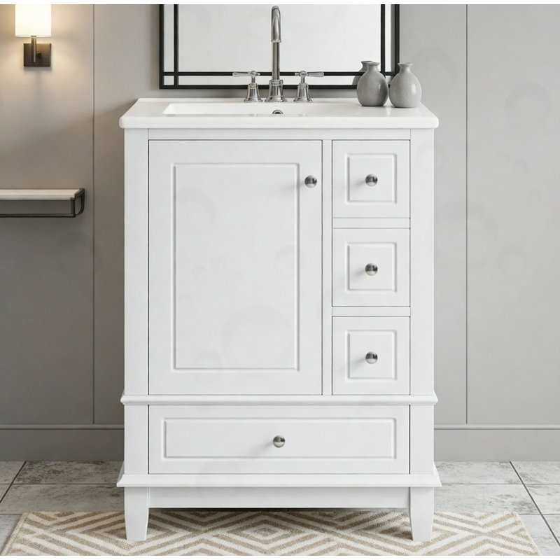 Bathroom Vanity With Ceramic Top And Storage Shelves, 24", White