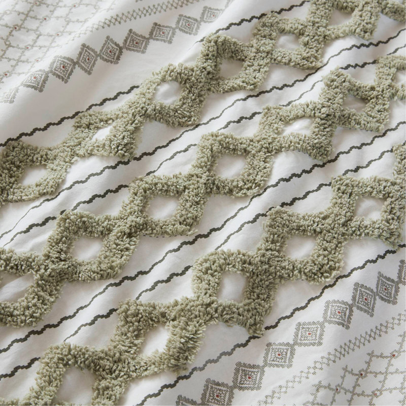 Ensemble d'édredon en coton avec imprimé chenille et sauge / ivoire 3 pièces, Édredon double / grand et 2 taies décoratives