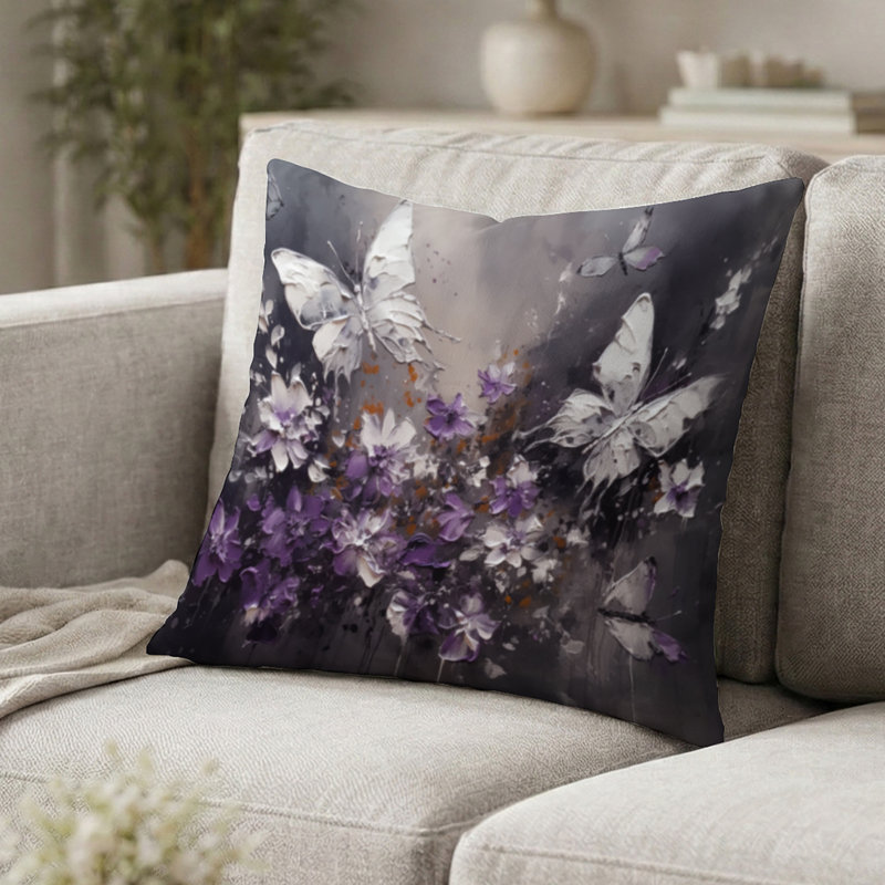 Coussin décoratif à motifs floraux, ailes de papillon violettes et blanches, H 20 po x l 20 po