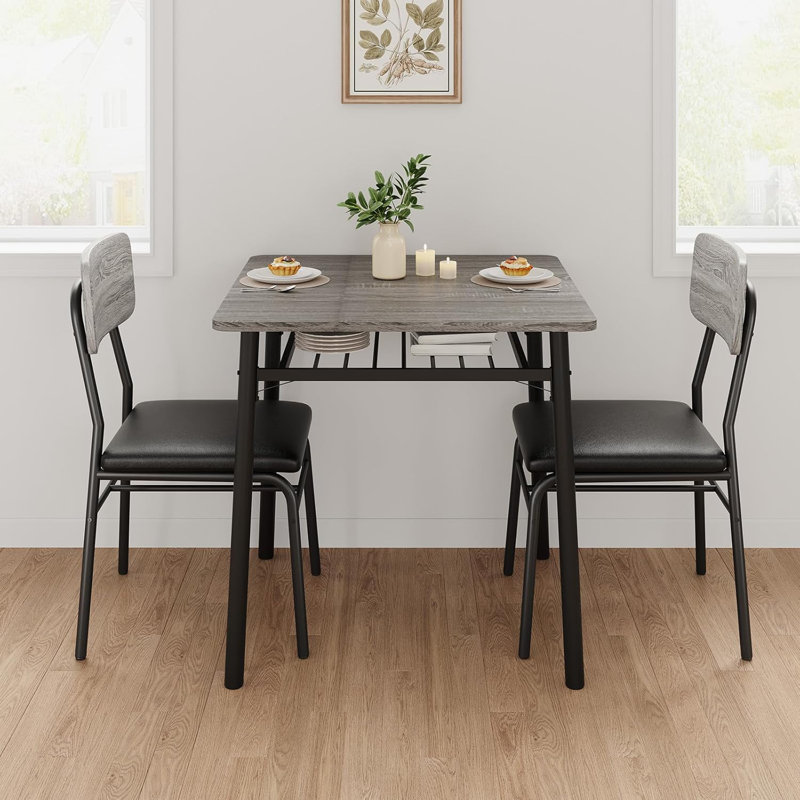 3-Piece Dining Table Set For 2 With Storage Rack, Wood Kitchen Table With Upholstered Chairs, Gray