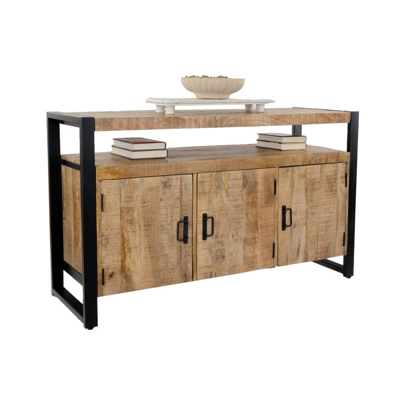 54" Wide Industrial Mango & Iron Sideboard with Storage Cabinets and Open Shelf