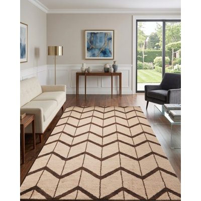 Beige | Tapis d'intérieur brun à motif géométrique 100% laine fabriqué à la main