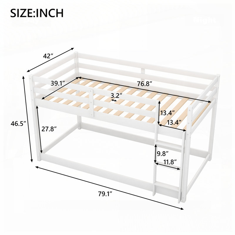 Twin Over Twin Floor Bunk Bed With Ladder, White
