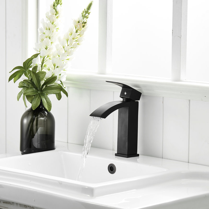 Contemporary Black Bathroom Tap, Deck-Mounted Single Hole Basin Faucet With Handle And Side Modern Ceramic Filler Geometric Shape