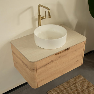 Meuble-lavabo 30 po avec lavabo, armoire de rangement murale en contreplaqué avec tiroir rond en céramique et plateau en pierre frittée à motif de travertin Roma