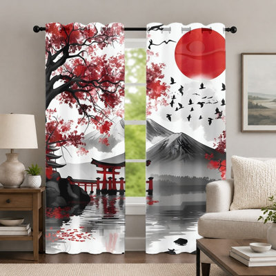 2Pcs Japanese Landscape Curtains, Zen Style Sun and Mountain Pattern Window Panels, Artistic Maple Tree and Pagoda Printed Grommet Drapes, Window Treatment for Bedroom Living Room Decor