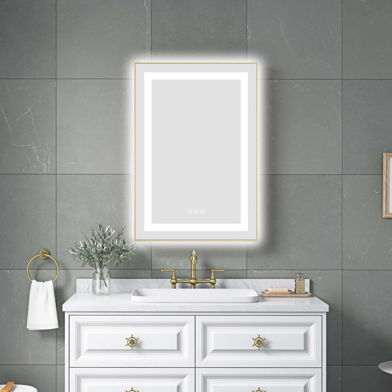Miroir de salle de bain 20 po x 32 po à DEL avec façade et rétroéclairage, miroir de meuble-lavabo mural avec cadre en aluminium, antibuée, mémoire, 3 couleurs, gradation continue
