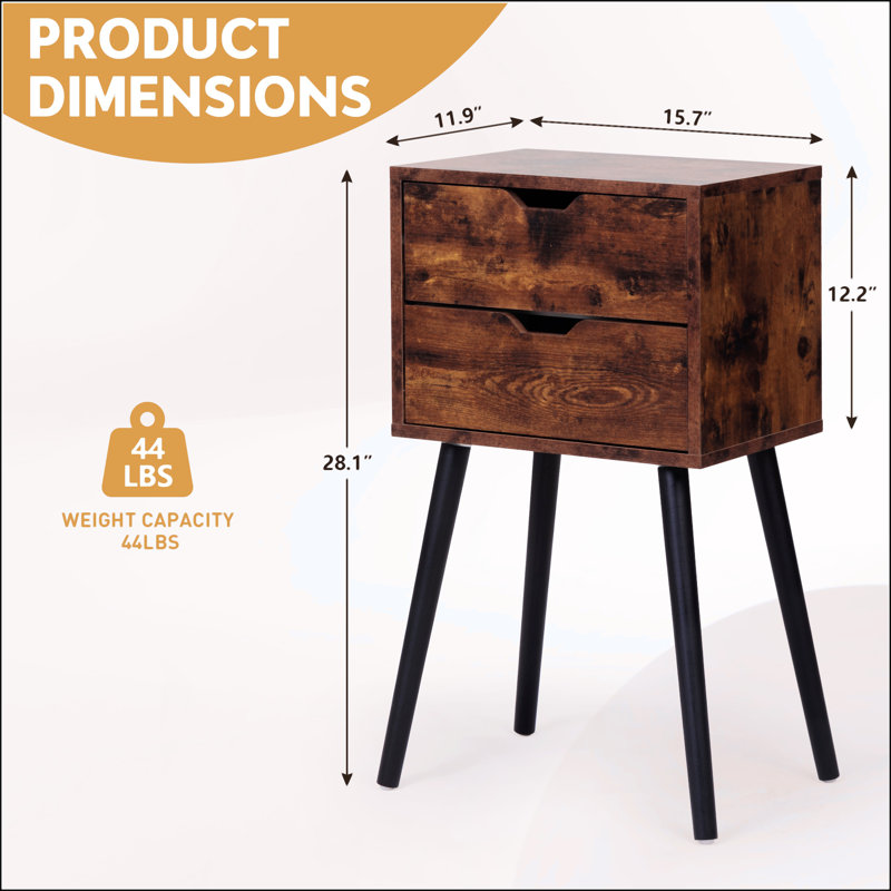 Table de chevet avec 2 tiroirs, Brun rustique