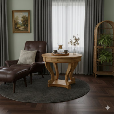 Une petite table ronde avec des pieds courbés dans un style campagnard. Fonctionne comme une table de salle à manger, une table de bout, une table d'appoint ou une table centrale pour les dîners, les cuisines, les salles à manger ou les salons. Dans une finition en bois naturel.