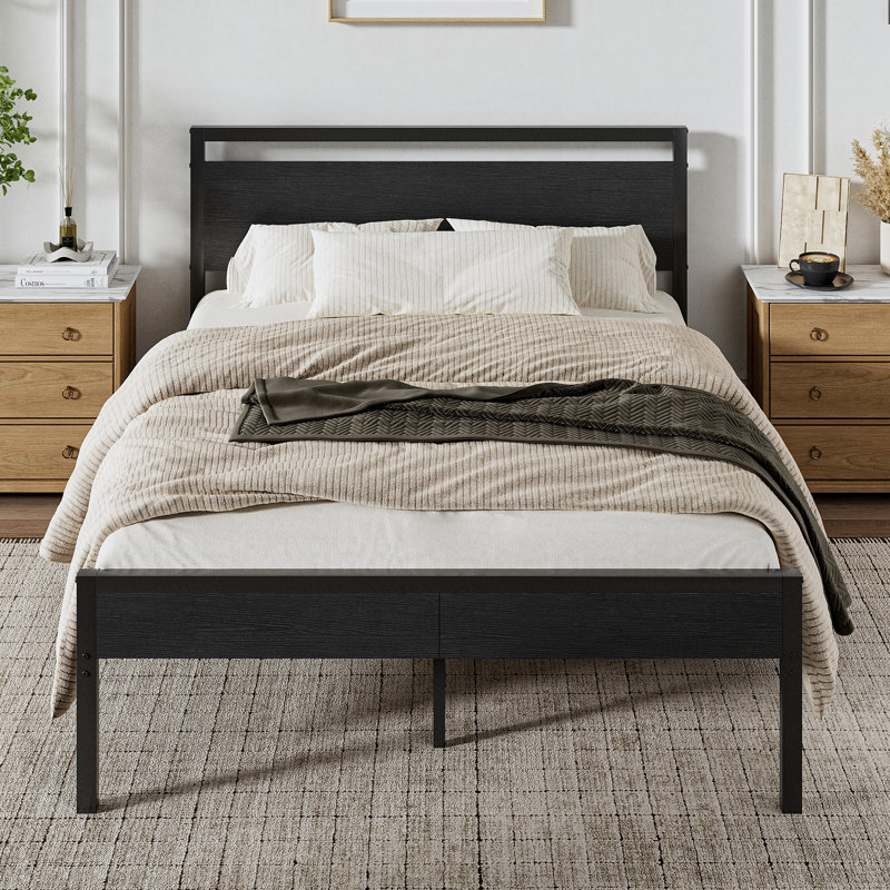 Carlisa Industrial Metal Platform Bed Frame with Headboard and Iron Slat Support, Q, Black