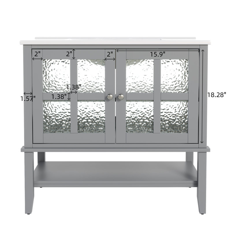 Meuble-lavabo 36 po avec lavabo en céramique, tablettes réglables et ouvertes, pieds, finition peinte imperméable, boutons argentés, charnières à fermeture en douceur