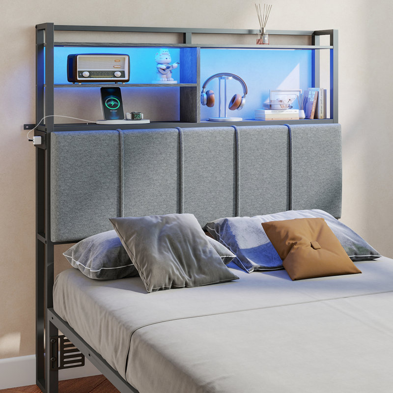 Upholstered Headboard for Twin Size Bed with Storage, Headboards with Outlets, USB Ports and LED Lights, Twin Size Headboard Only, Height Adjustable, Sturdy and Stable Headboard, Grey
