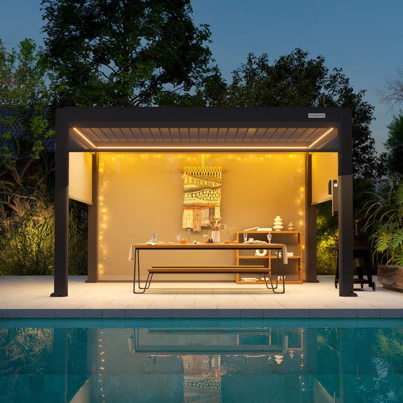 Flexpatio Power+ Pro Motorized Pergola Outdoor Louvered Pergola With 4-Side Motorized Roller Shades, 100" H x 160" W x 122" D
