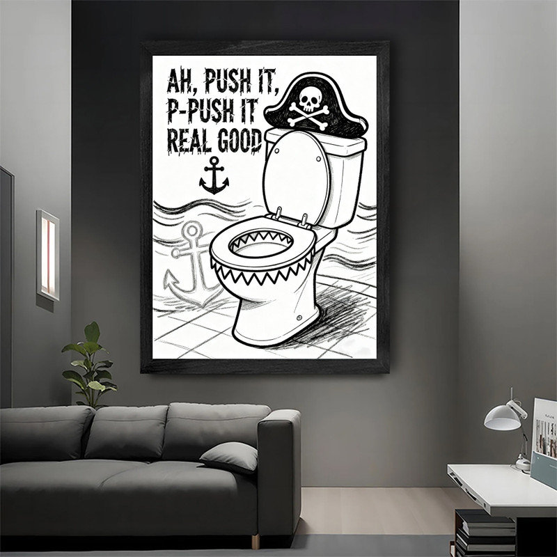 Impression sur toile noire, humour et toilette, H 37 po x l 25 po