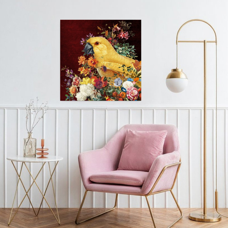 Golden Parrot Bloom Classic Colorful Elegant Bird Fruit Nature Wall Art Print by Marja Van Den - Wrapped Canvas Print