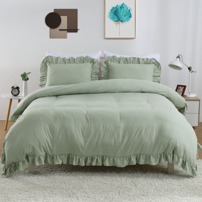 Ensemble de housse de couette pour très grand lit à volants, 2 pièces Shabby Chic Farmhouse, motif à volants rétro, microfibre ultra douce, vert