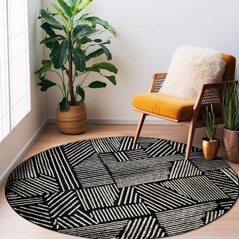 Rambo Geometric Black/Ivory Area Rug, Round 7'10", Black