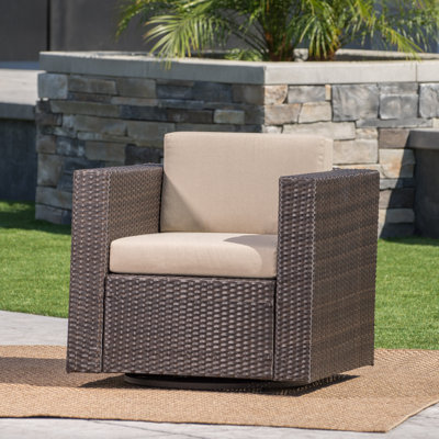 Outdoor Swivel Club Chair - Dark Brown Wicker, Water-Resistant Cushions, Iron Frame -  Hokku Designs, 4251DA6B203640739FB2D4E136F664CA