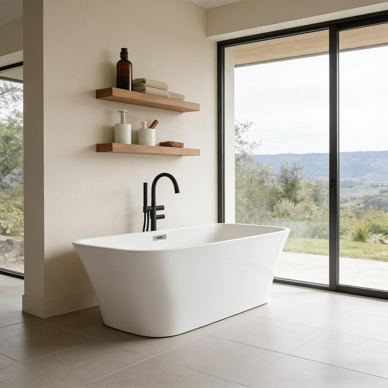 Baignoire de trempage autoportante en acrylique avec bonde escamotable et trop-plein - Baignoire autonome pour salle de bain