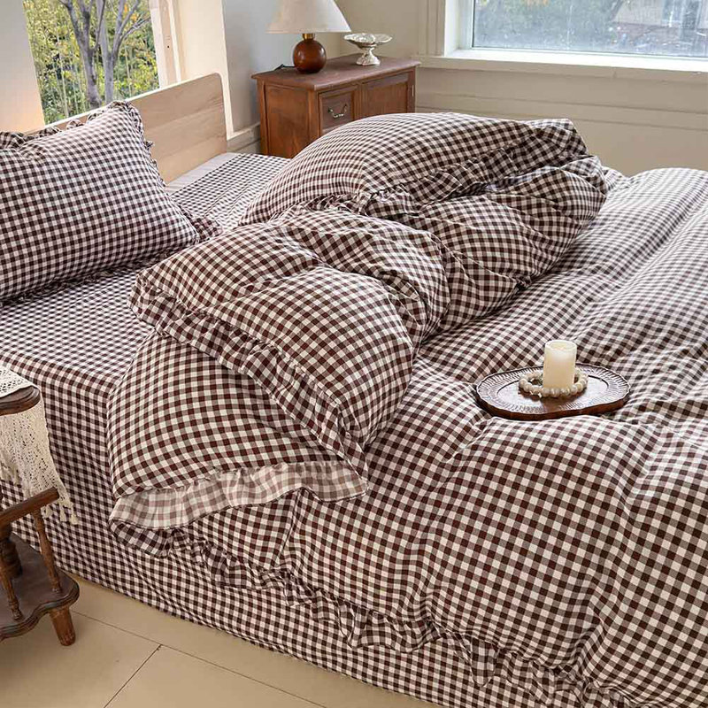 Ensemble d'édredon à volants en microfibre Gingham, Guingan moka, Lit simple