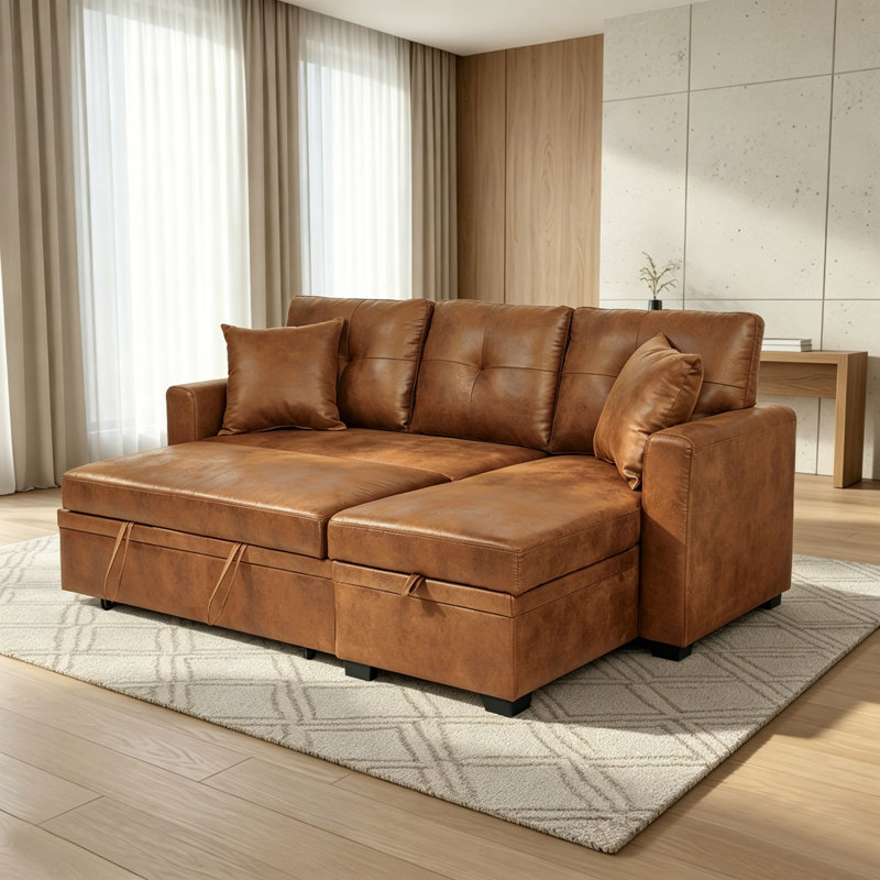 Canapé modulaire réversible en forme de L, canapé d'angle rembourré en similicuir moderne avec méridienne, canapé-lit convertible confortable avec coussins décoratifs pour le salon