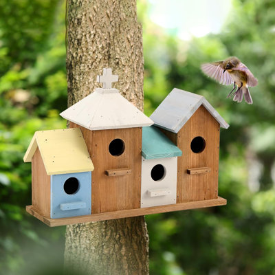 Maison d'oiseaux pour l'extérieur 4 trous en bois naturel maison d'oiseaux pinson Bluebird Cardinals lieu de repos pour oiseaux Birdhouse suspendu à la main pour la cour