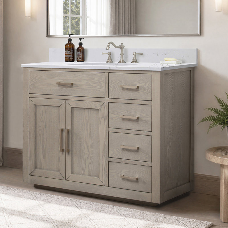 Ingalls 42'' Freestanding Single Bathroom Vanity with Engineered Stone Top, Antique Gray Oak, Soft Carrara White