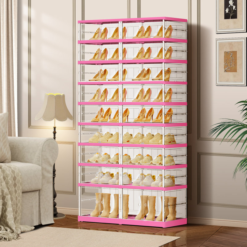 9-Tier 18-36 Pairs Plastic Stackable Shoe Storage Cabinet For Entryway Easy Assembly, White/Pink